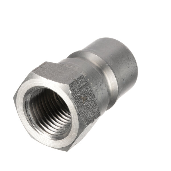 A close-up of a stainless steel threaded nut.
