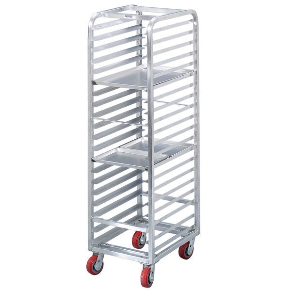 A Channel AXD1812 sheet pan rack with red wheels.