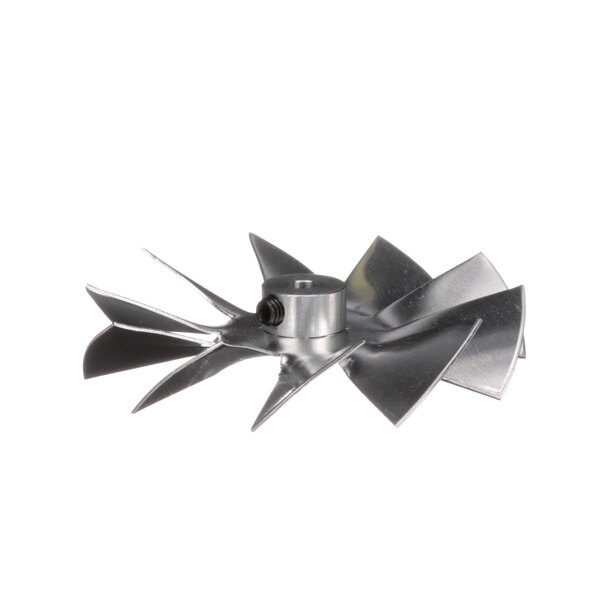 A metal fan blade with a screw.