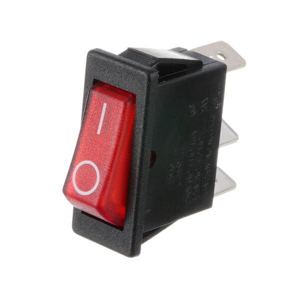 A close-up of a black and red toggle switch with a red light.