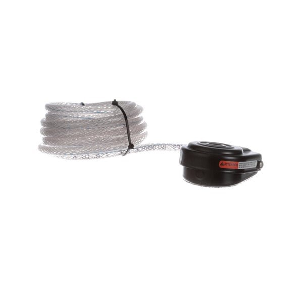 A white rope with a black handle and a red button.