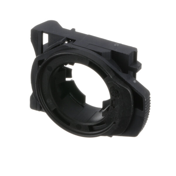 A black plastic ring with a hole.