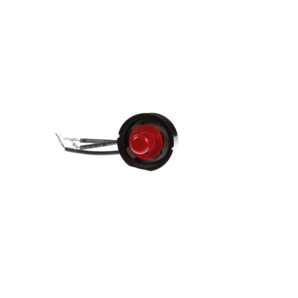 A red and black button with wires on a white background.
