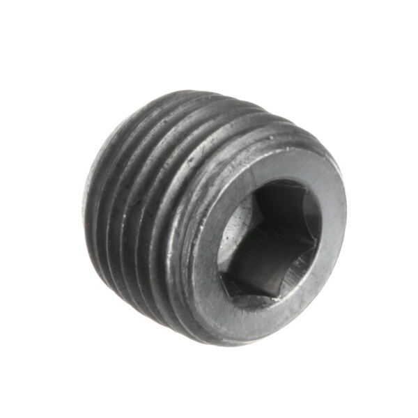 A close-up of a black threaded plug with a hole in the end.