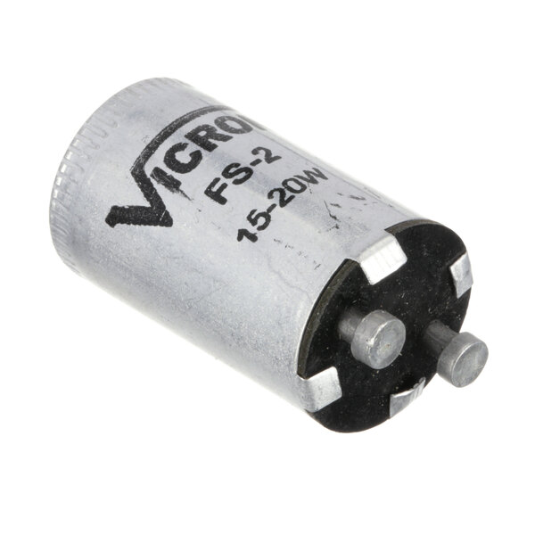 A small round silver Beverage-Air starter capacitor with black text.