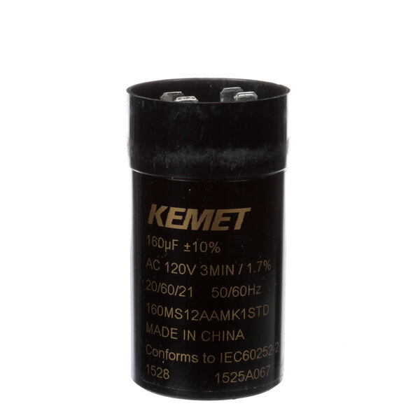 A black cylindrical Robot Coupe capacitor with gold Kemet text.