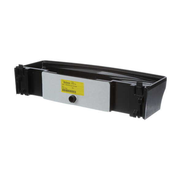 A black plastic rectangular Servend drain pan with a yellow label.
