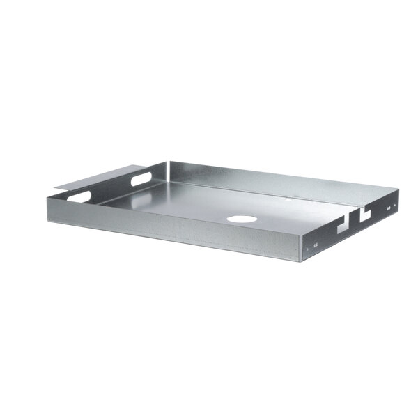 A silver metal rectangular deflector tray with a hole in the middle.