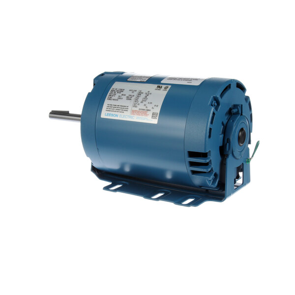 A blue electric motor with a white label.