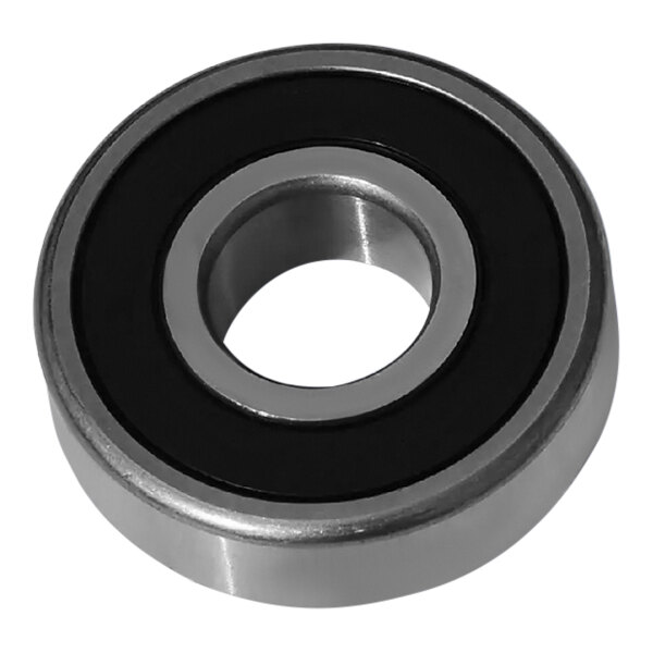 A close up of an Alliance Laundry ball bearing with a black rubber ring.