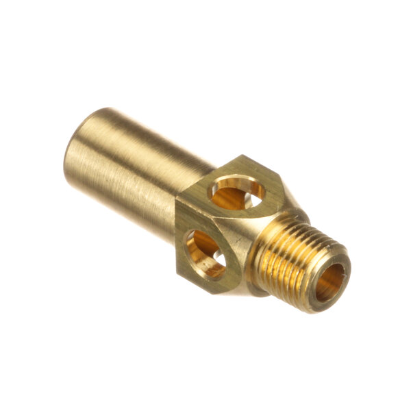 A gold metal Groen burner jet with a threaded circular hole.