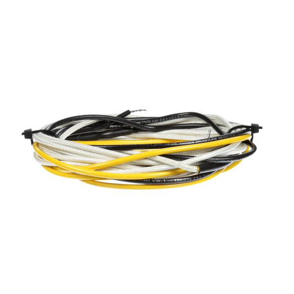 A white and yellow wire wrapped around a bundle of black and white wires.