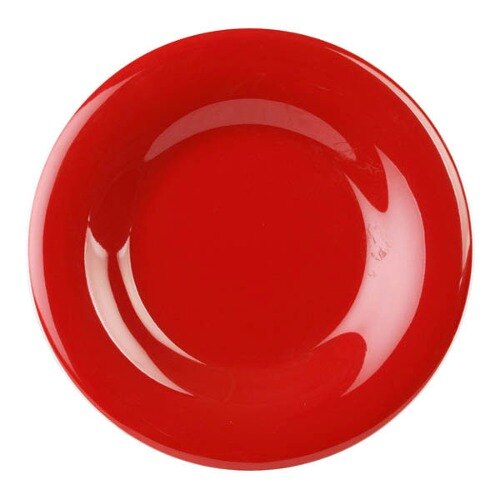 A red plate with a wide white rim.