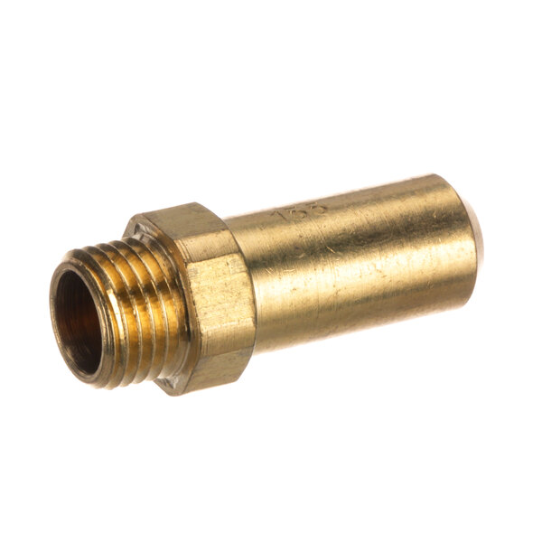 A brass threaded pipe fitting on a white background.