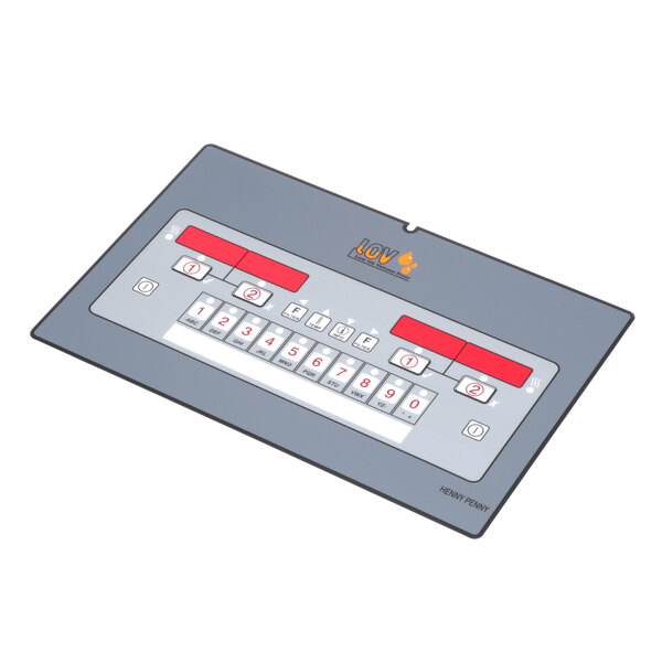 A grey rectangular Henny Penny decal with red and white numbers.