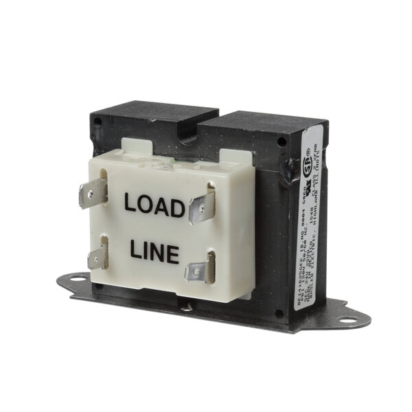 A white electrical transformer with black and white text on the box.
