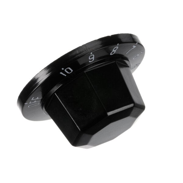 A black Randell control knob with numbers on it.