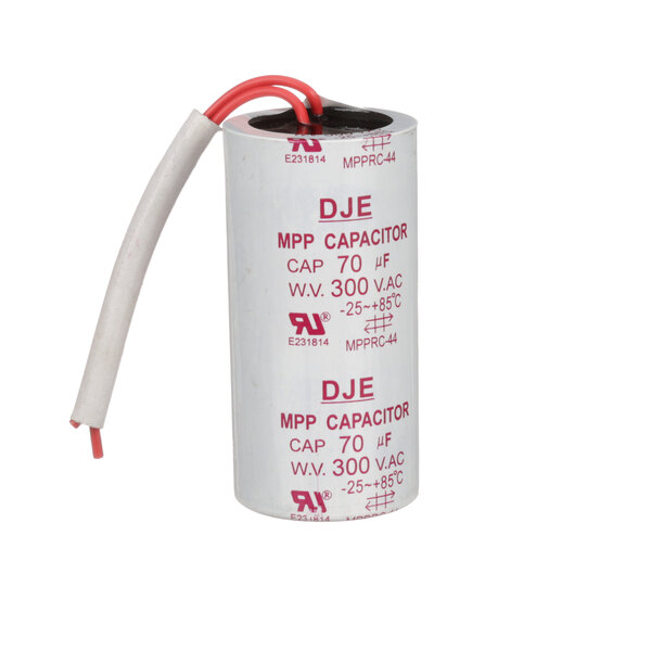 A white Globe X60070-2 run capacitor with red wires.