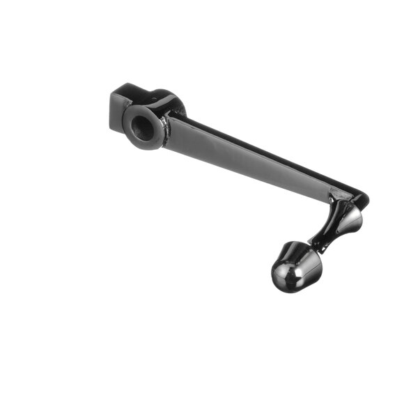 A close-up of a black metal Groen crank handle with a silver ball on the end.