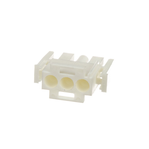 A white plastic connector with four holes.