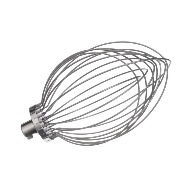 A Hobart wire whisk with a metal handle.