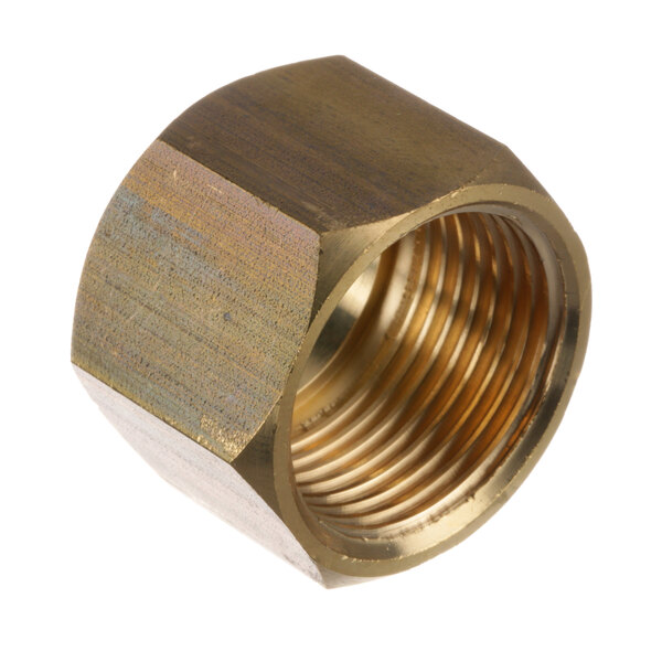 A brass threaded nut for a Meiko Union dishwasher part.