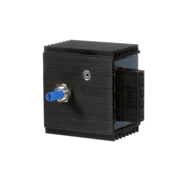 A black rectangular dimmer switch with a blue knob.