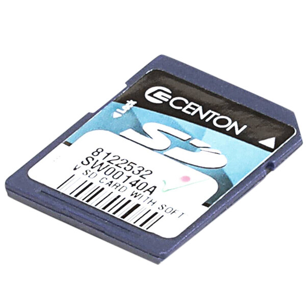 A blue memory card with a white label.