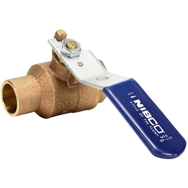 An APW Wyott copper sweated brass ball valve with a blue handle.
