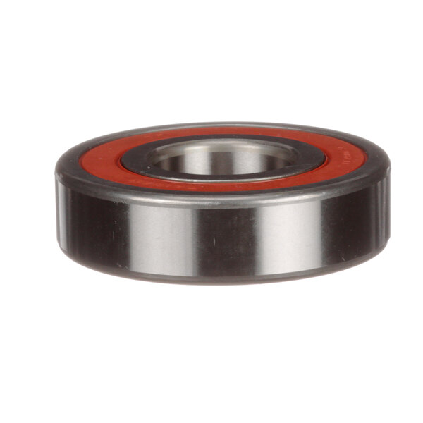 A close-up of a Globe ball bearing with a red rubber seal.