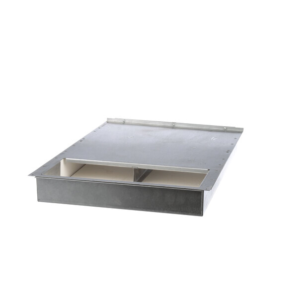 A metal box with a shelf inside and a hole in the middle.