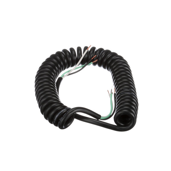 A coiled black electrical cable with a white cord and green and white wires.