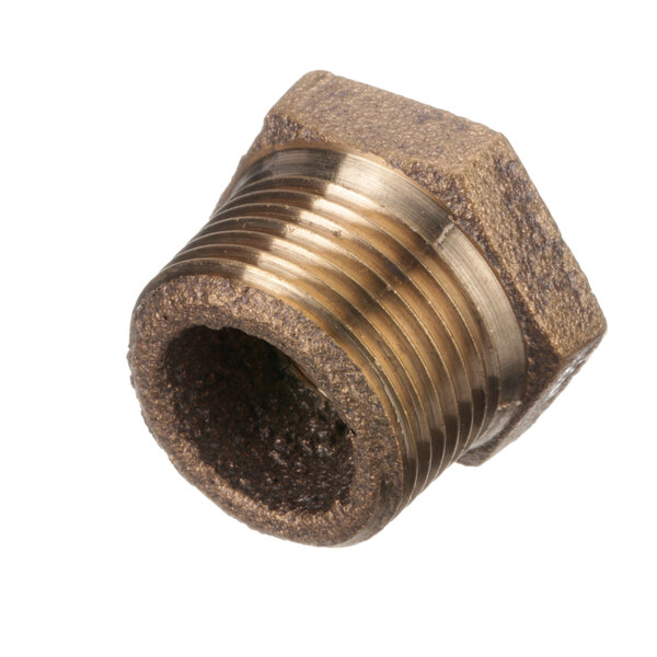 A brass hex bushing with threaded connections.