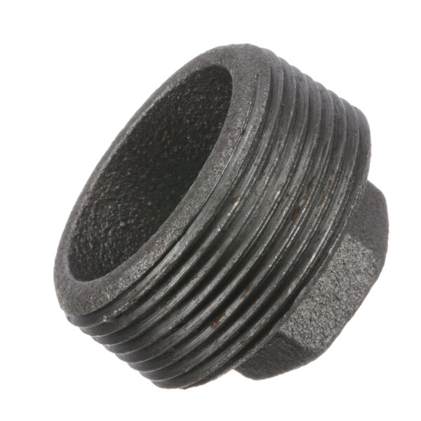 A black threaded pipe connected to a black metal Vulcan bushing nut.