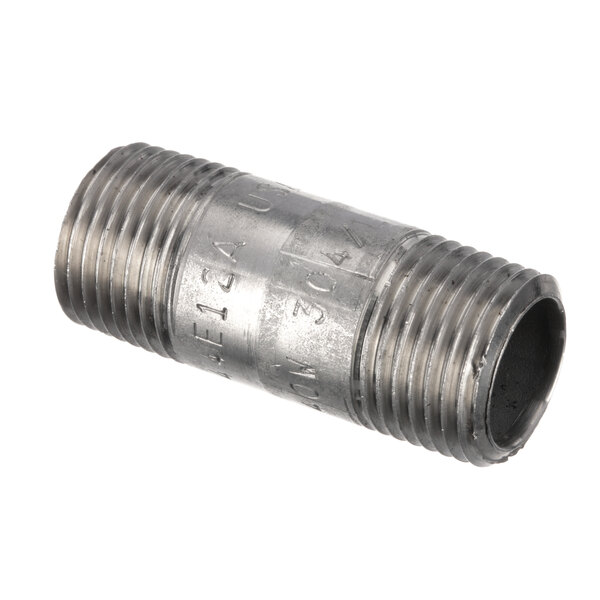 A stainless steel threaded pipe with a nozzle at one end.