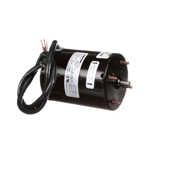 A black round electric motor with wires.