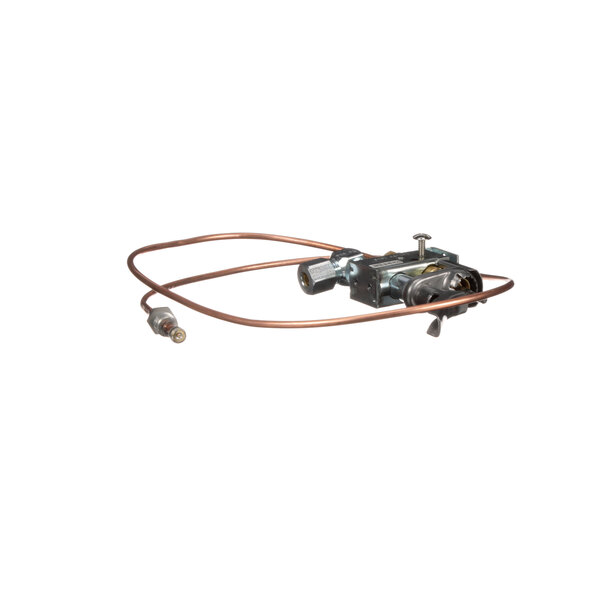 A copper and metal Frymaster natural gas pilot assembly with a wire attached.