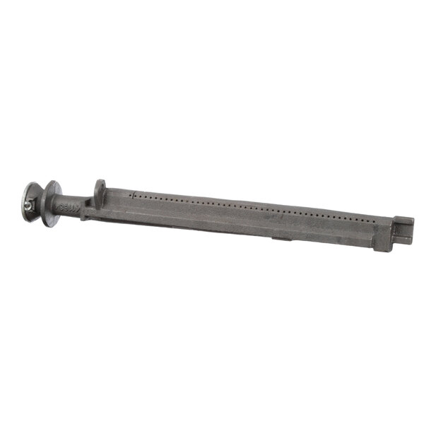 A metal cylinder with a rectangular grey metal piece with holes and a screw on the end.