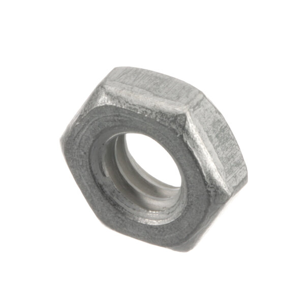 A close-up of a Hobart hex head jam nut with a metal finish.