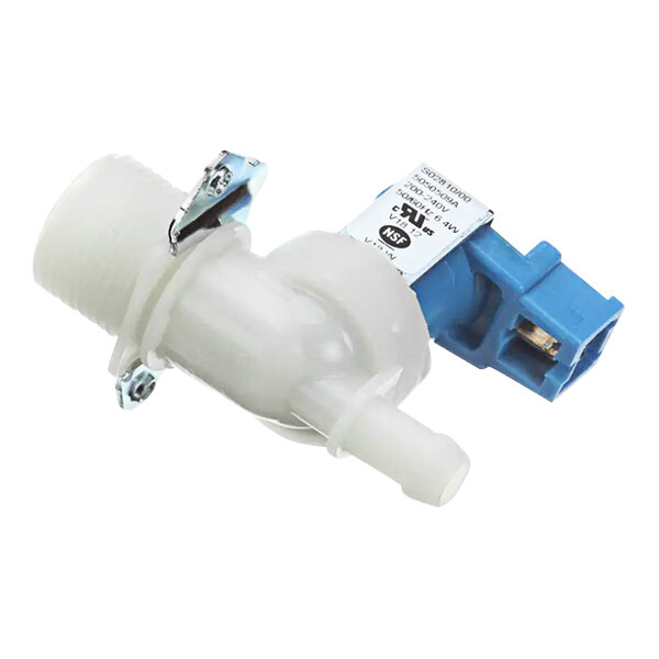 A white plastic Cleveland Solenoid Valve with a blue connector.