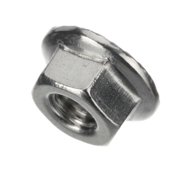 A close-up of a stainless steel Hoshizaki hex flange nut.