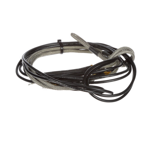 A black and white cable with a black and grey wire on a white background.