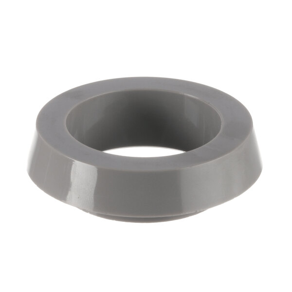 A grey plastic bushing cap with a hole in it.
