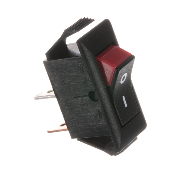 A black Hatco toggle switch with a red button.
