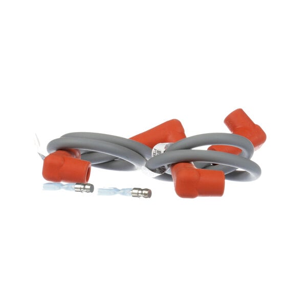 An orange and grey ignition cable with a red connector.