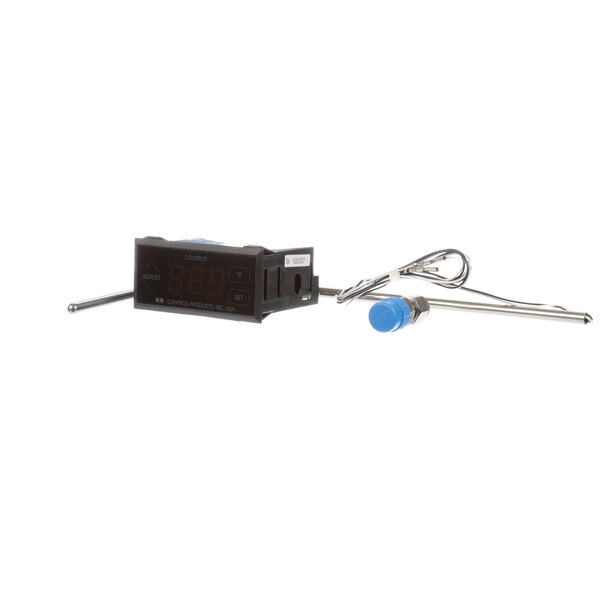 A black digital Frymaster thermometer with a blue probe.