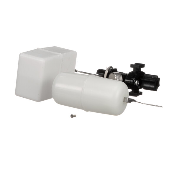 A white plastic cylinder with black plastic parts, including a Manitowoc Ice float valve.