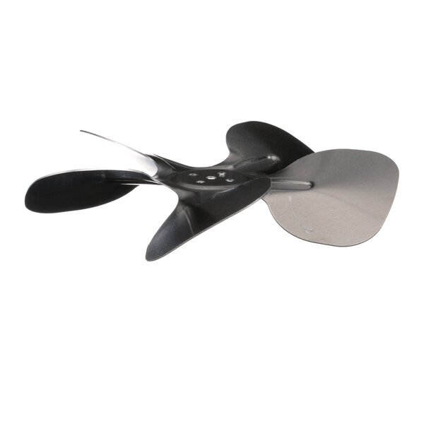 A black and silver Turbo Air Refrigeration fan blade propeller.