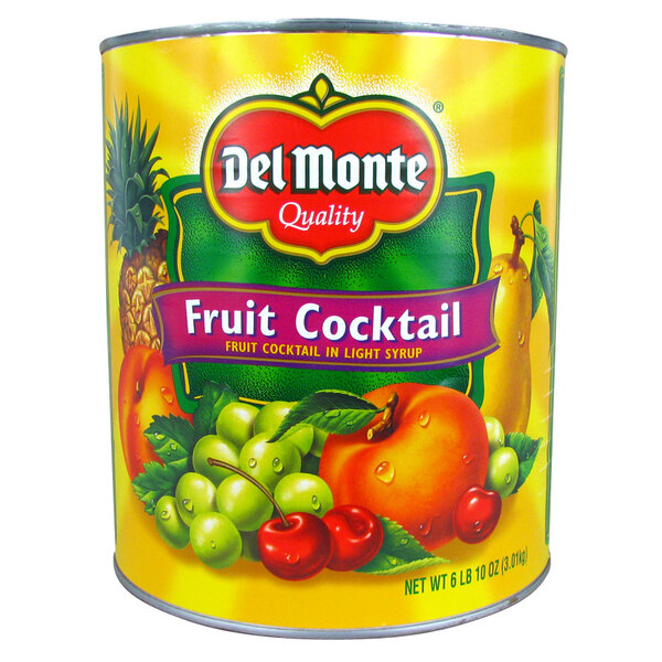 A #10 can of Del Monte fruit cocktail in light syrup.