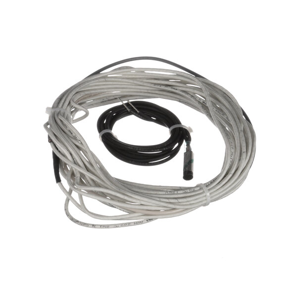 The black cord and a white cable with a black wire and a black cord.